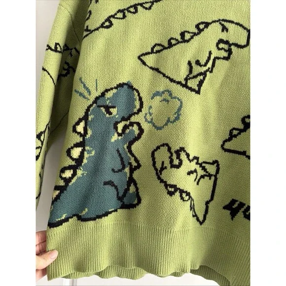 Aelfric Eden Green Dinosaur Cartoon Pattern Oversized Knit Sweater Size Small - Picture 3 of 7